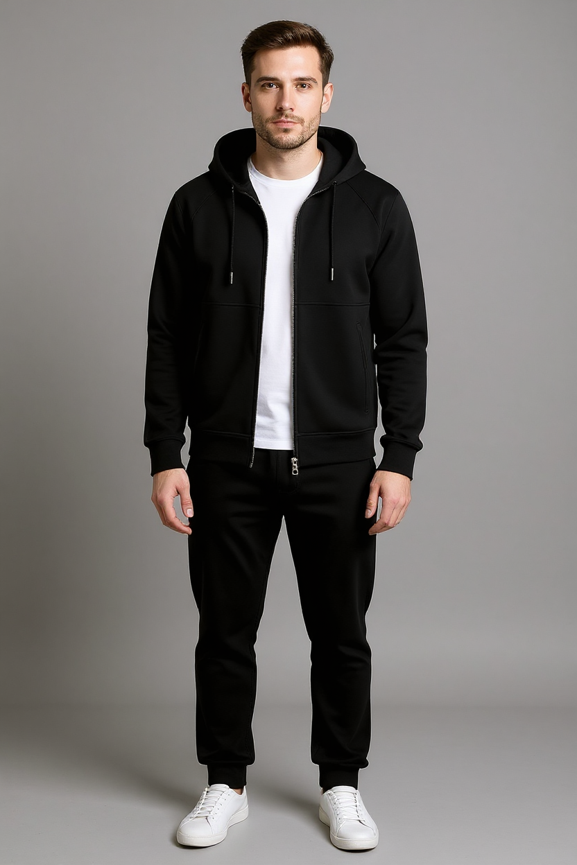 Athletic Zip-Up Tracksuit for Men - Black