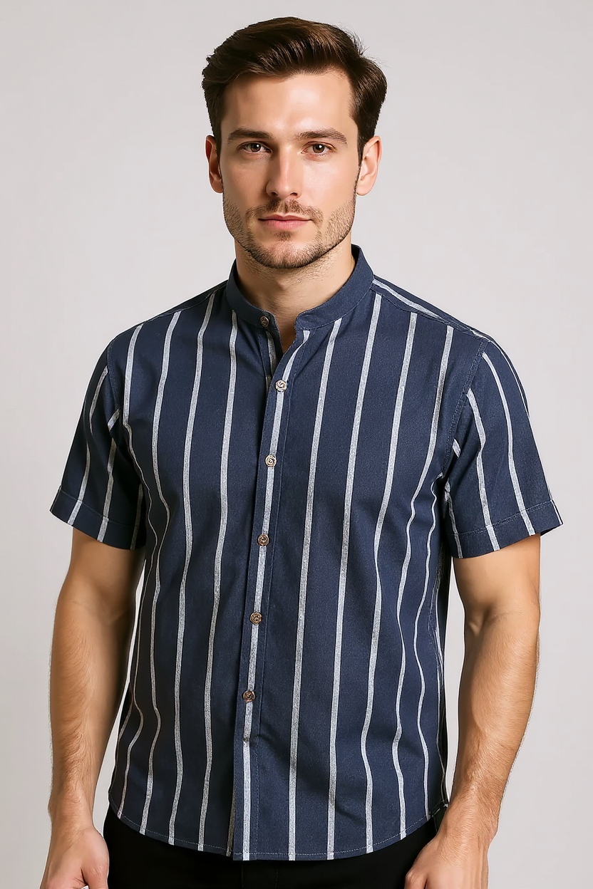 Camp Collar Linen Shirt for Men - Navy