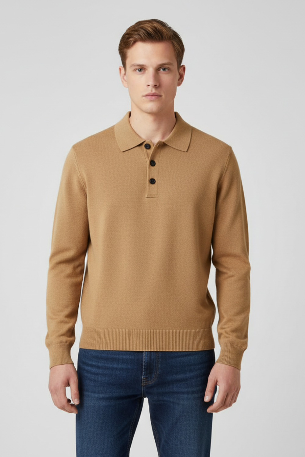 Classic Men’s Long Sleeve Polo Shirt - Beige