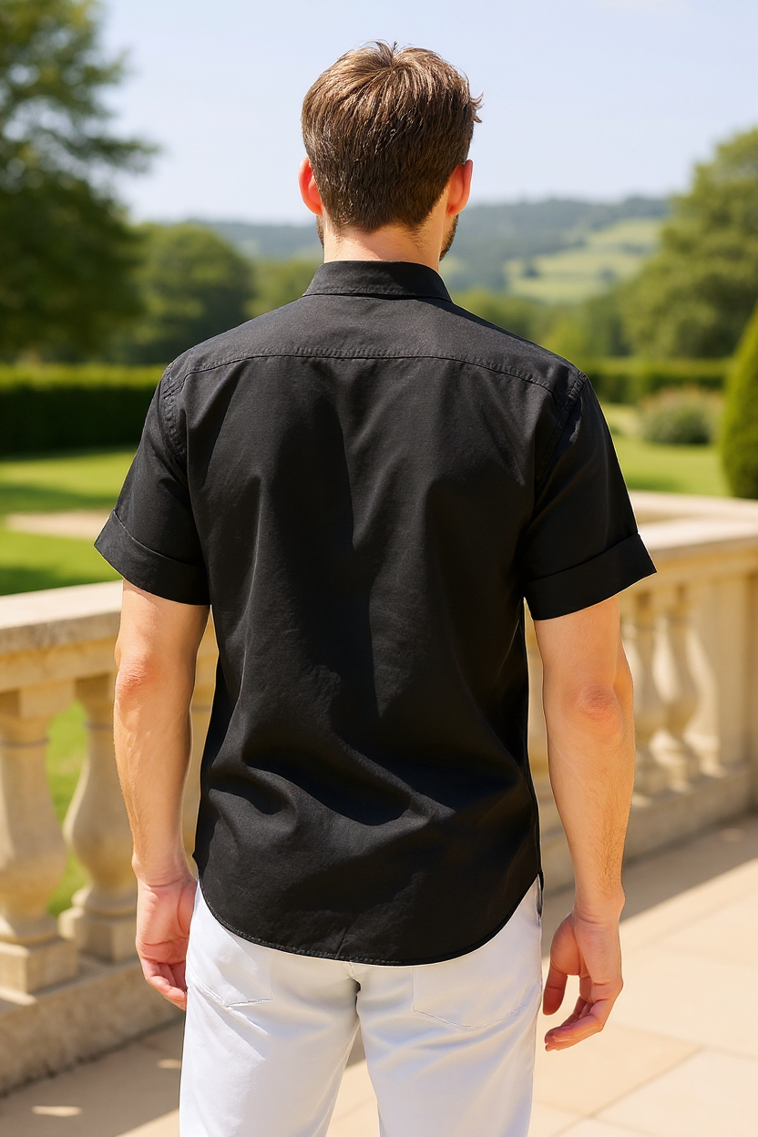 Collarless Linen Blend Shirt for Men - Black