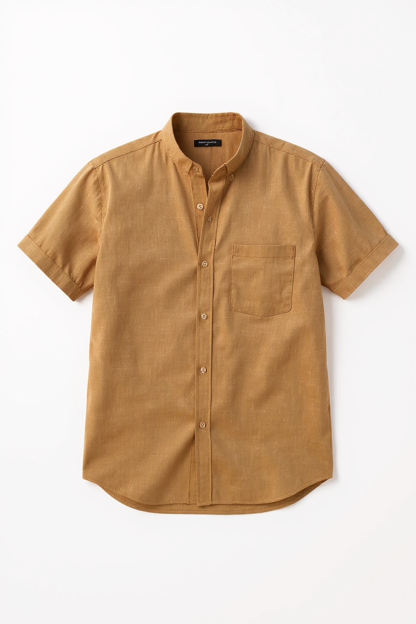 Collarless Linen Blend Shirt for Men - Brown