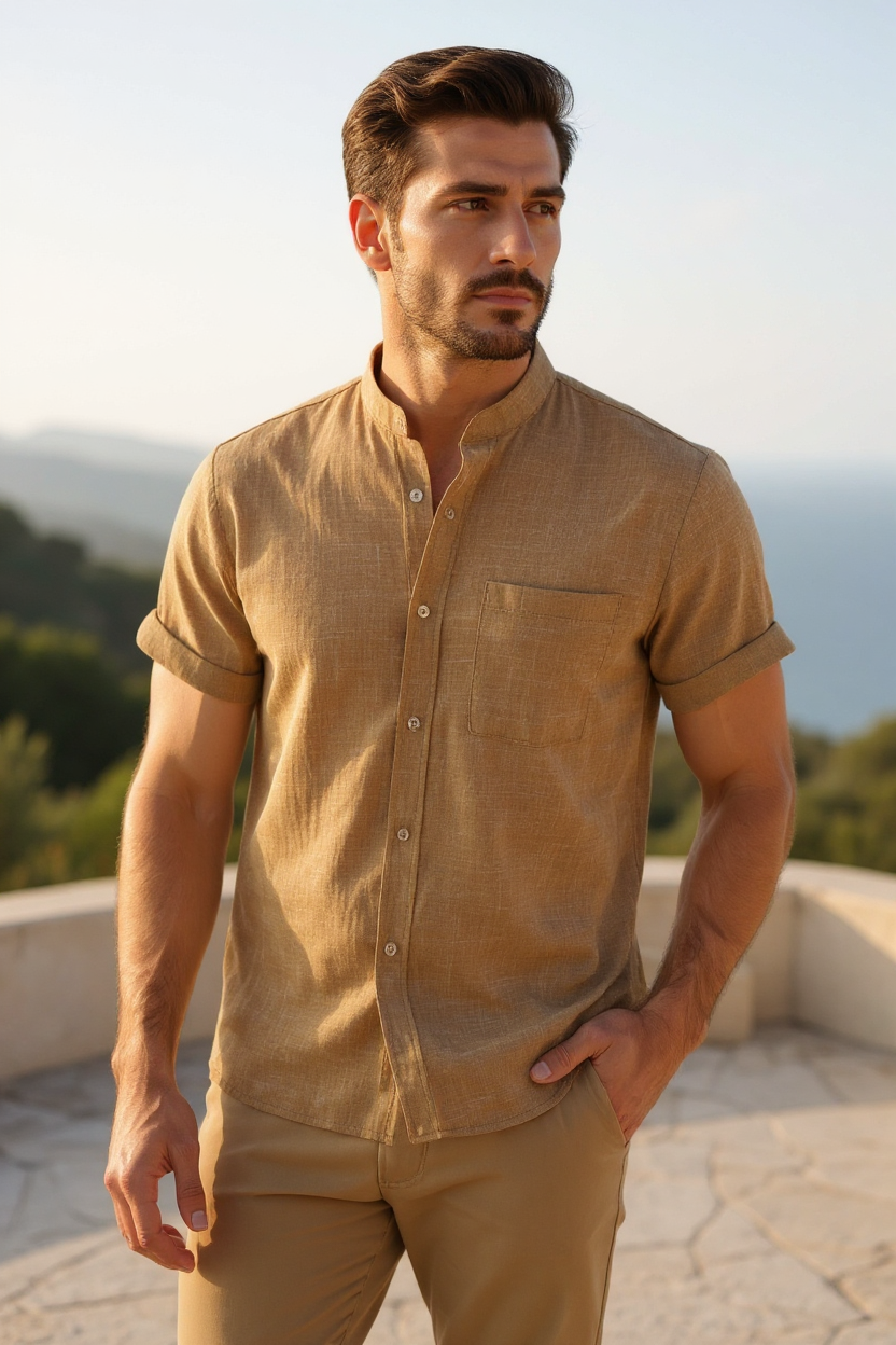 Collarless Linen Blend Shirt for Men - Brown