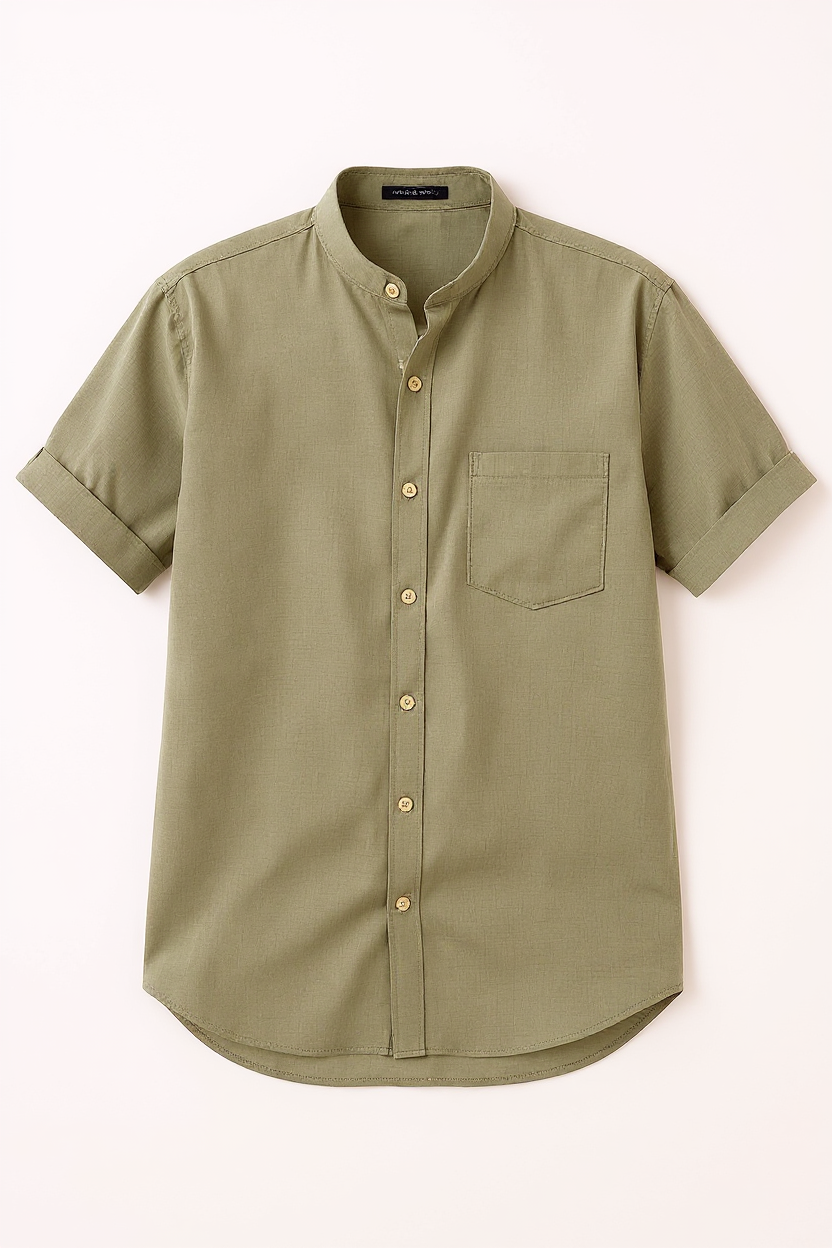 Collarless Linen Blend Shirt for Men - Green