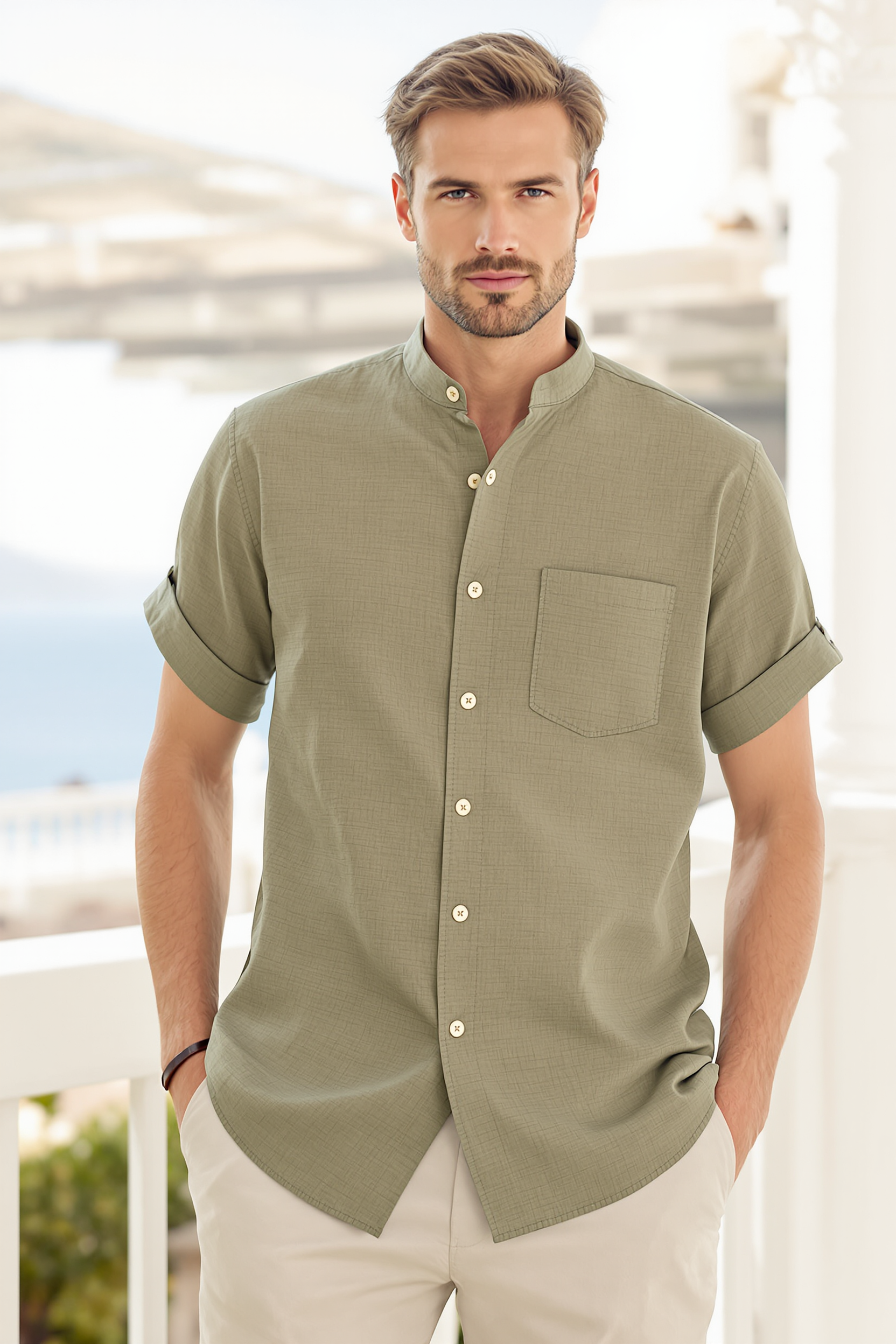 Collarless Linen Blend Shirt for Men - Green