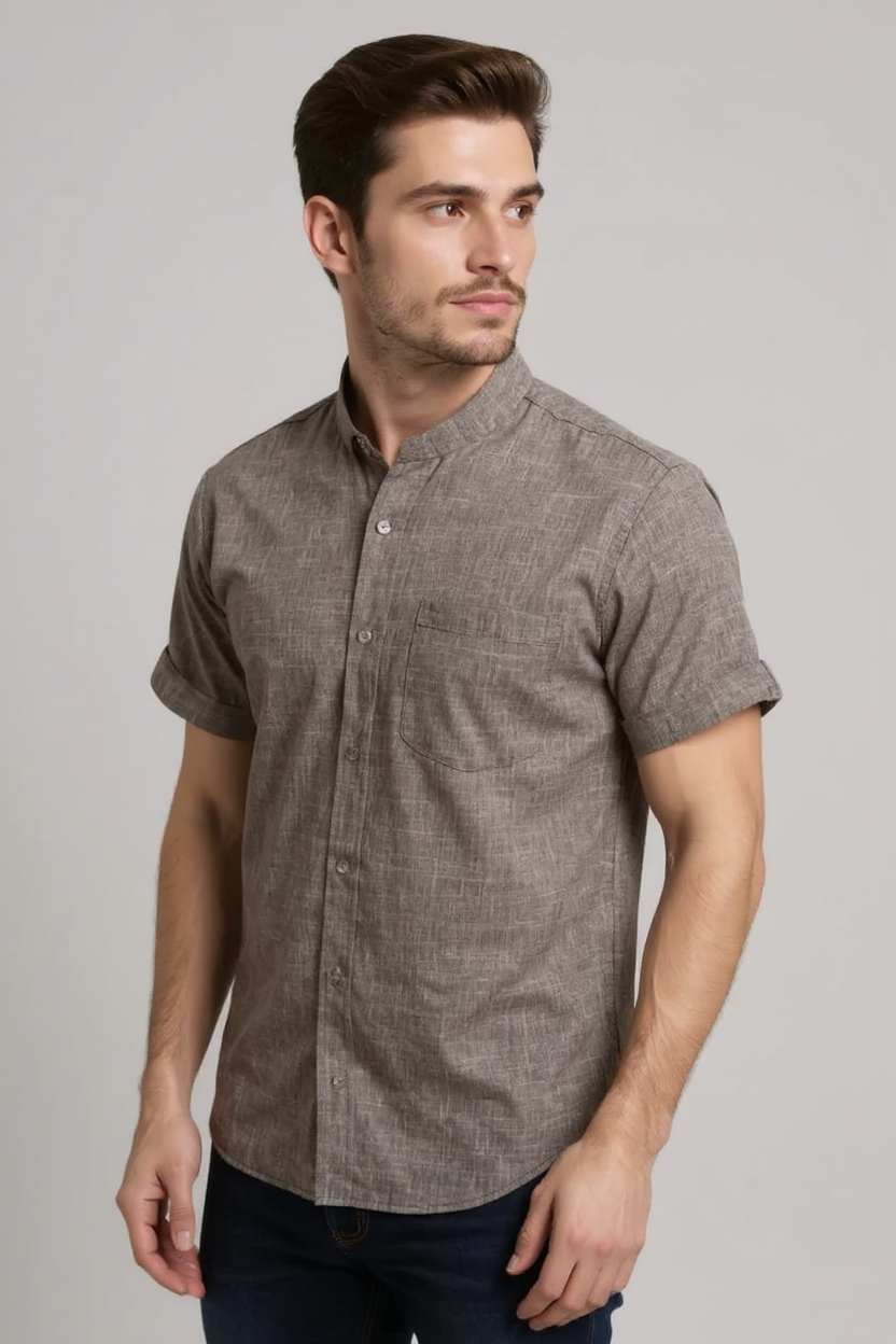 Collarless Linen Blend Shirt for Men - Khaki