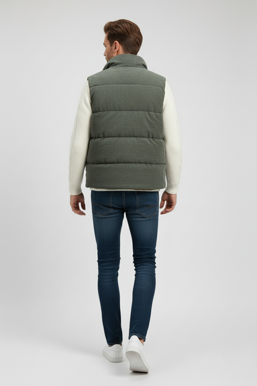 Corduroy Fur-Lined Gilet for Men - Olive Green