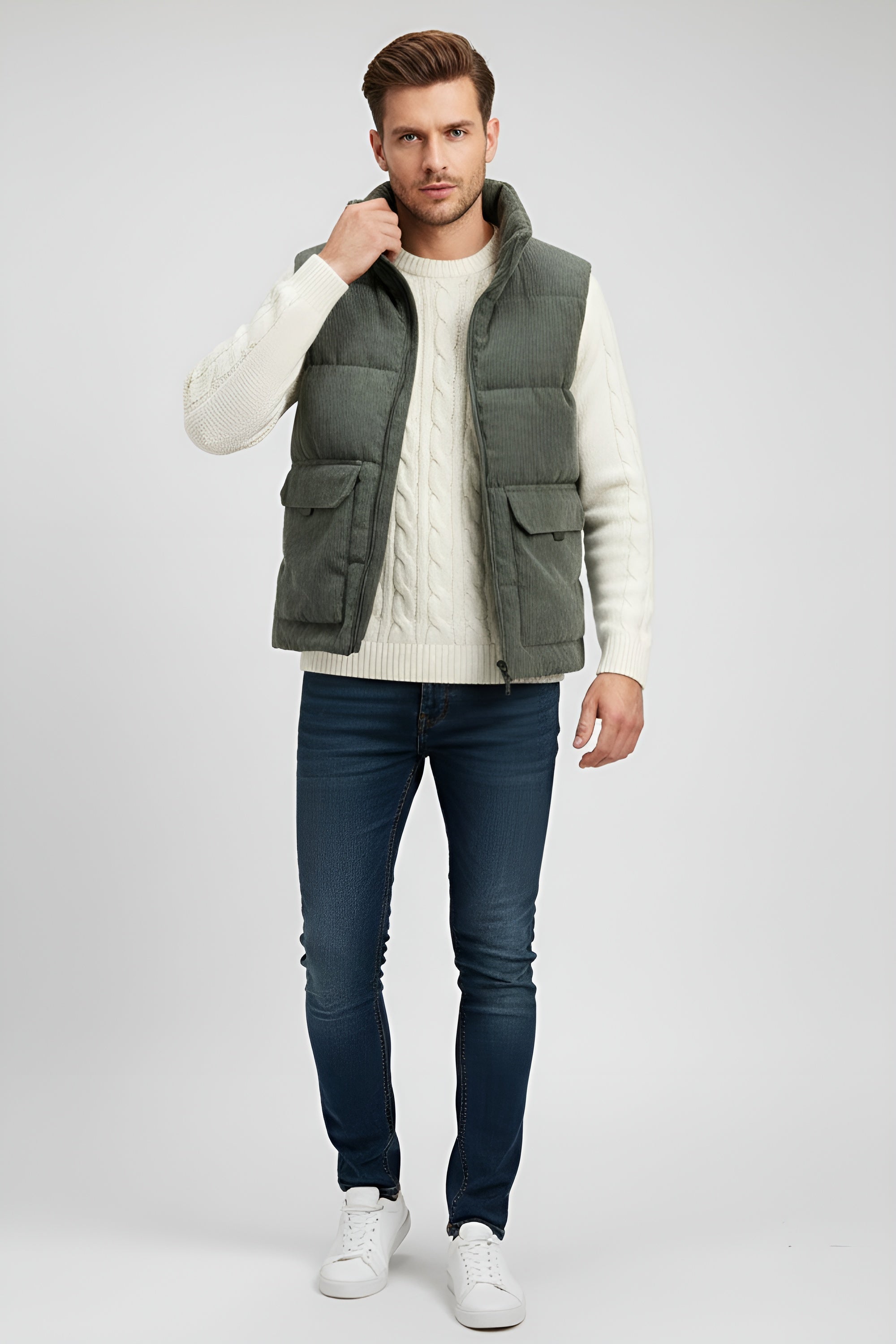 Corduroy Fur-Lined Gilet for Men - Olive Green