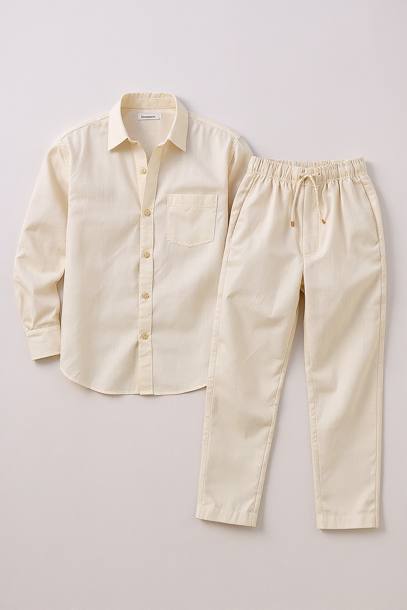 Cuban Collar Linen Shirt and Shorts Set for Men - Beige