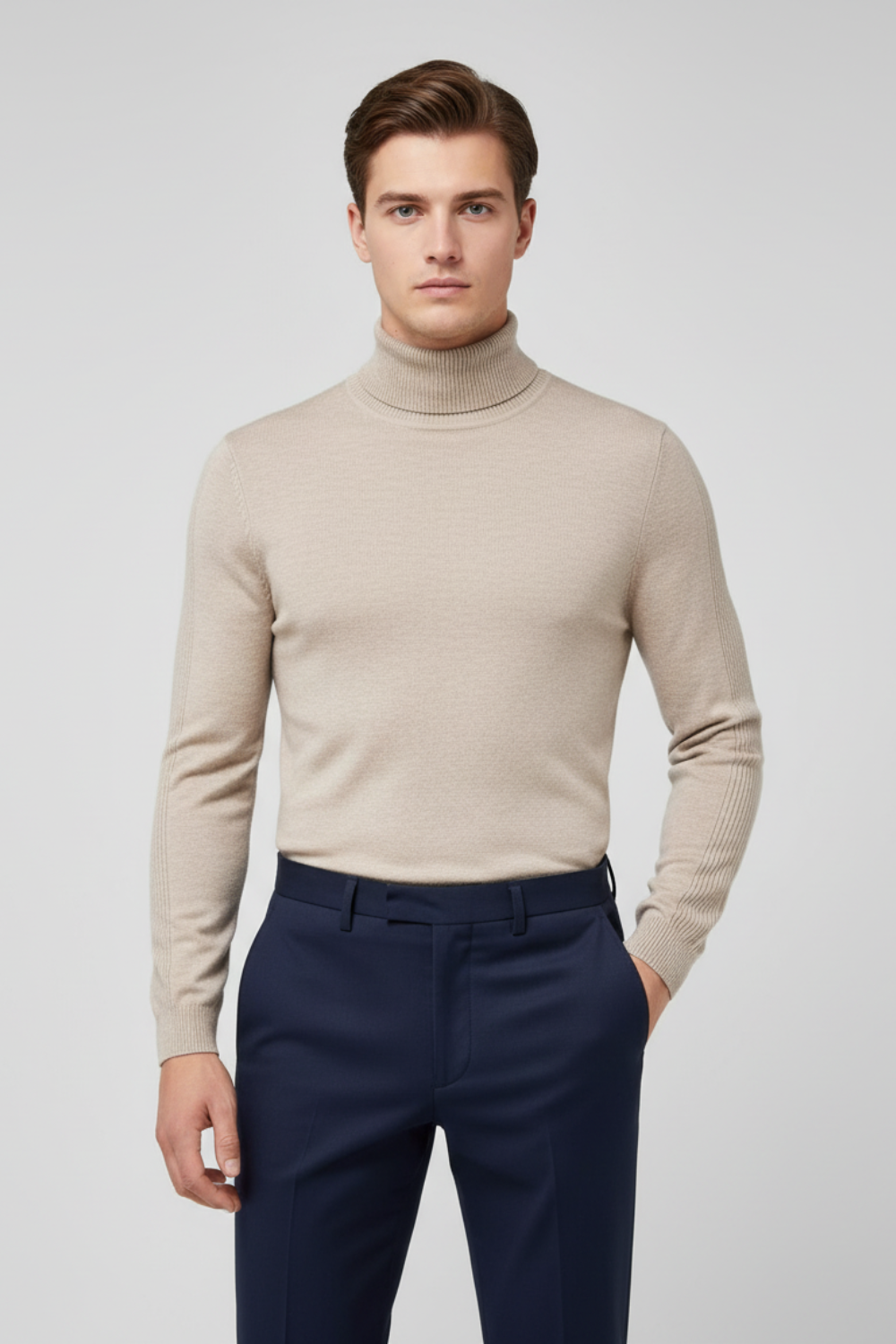 Elegant Men’s Merino Wool Turtleneck Jumper - Beige