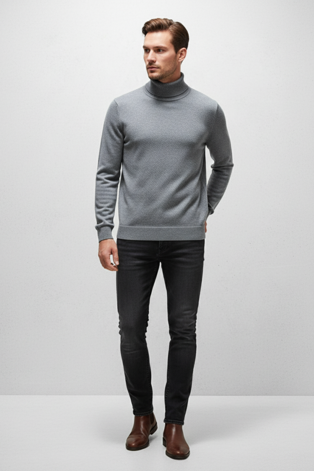 Elegant Men’s Merino Wool Turtleneck Jumper - Grey