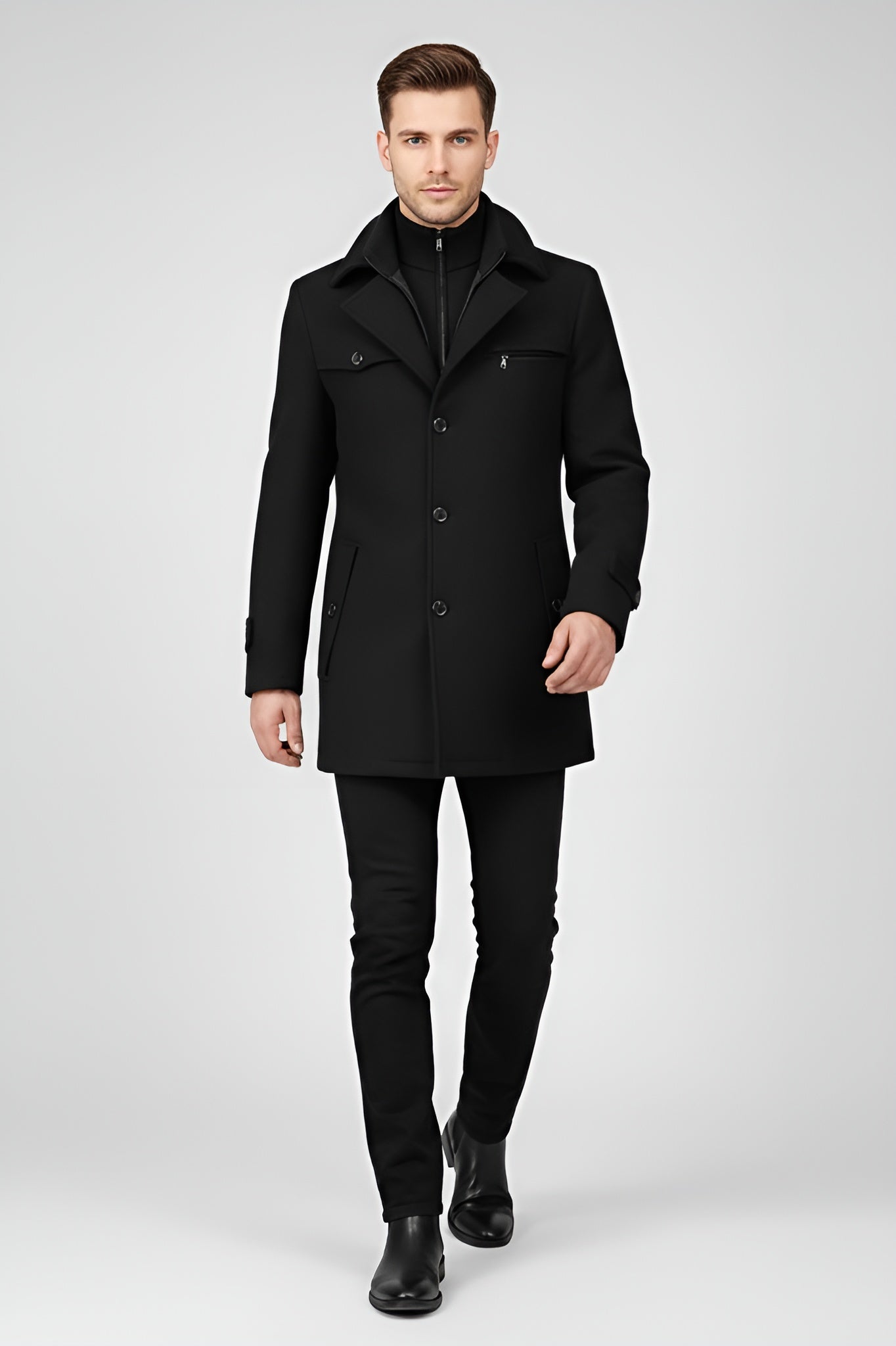 Elegant Men’s Wool Blend Peacoat - Black
