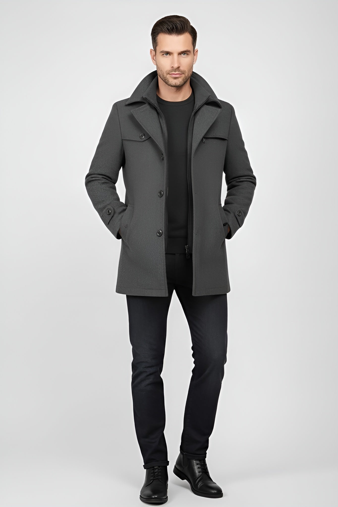 Elegant Men’s Wool Blend Peacoat - Grey