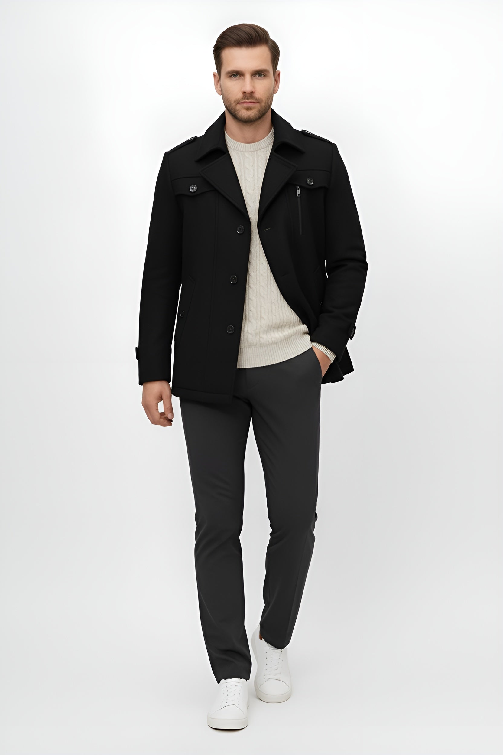 Elegant Short Trench Coat for Men - Black