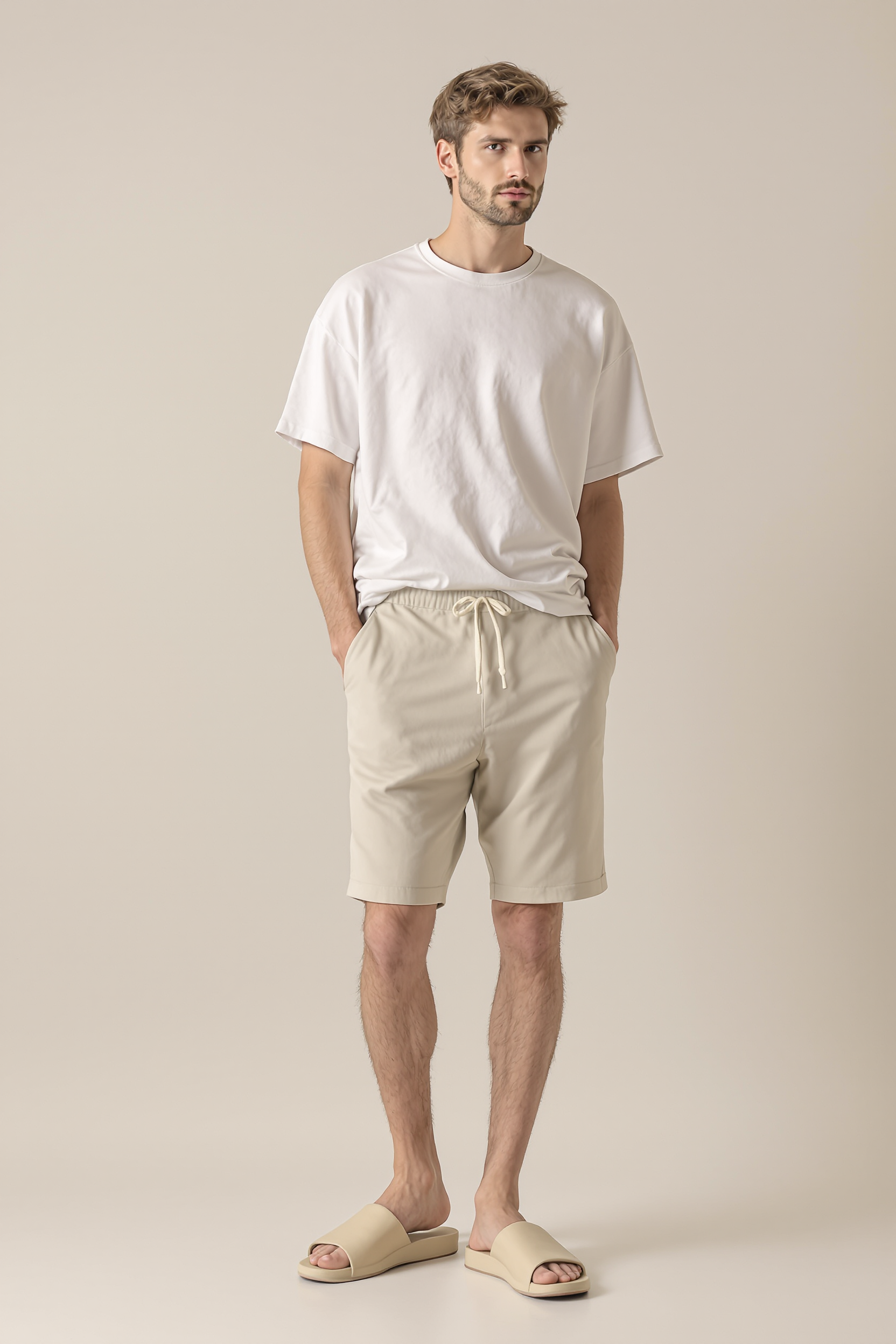 Heavyweight Fleece Shorts with Drawstring Waist for Men - Beige