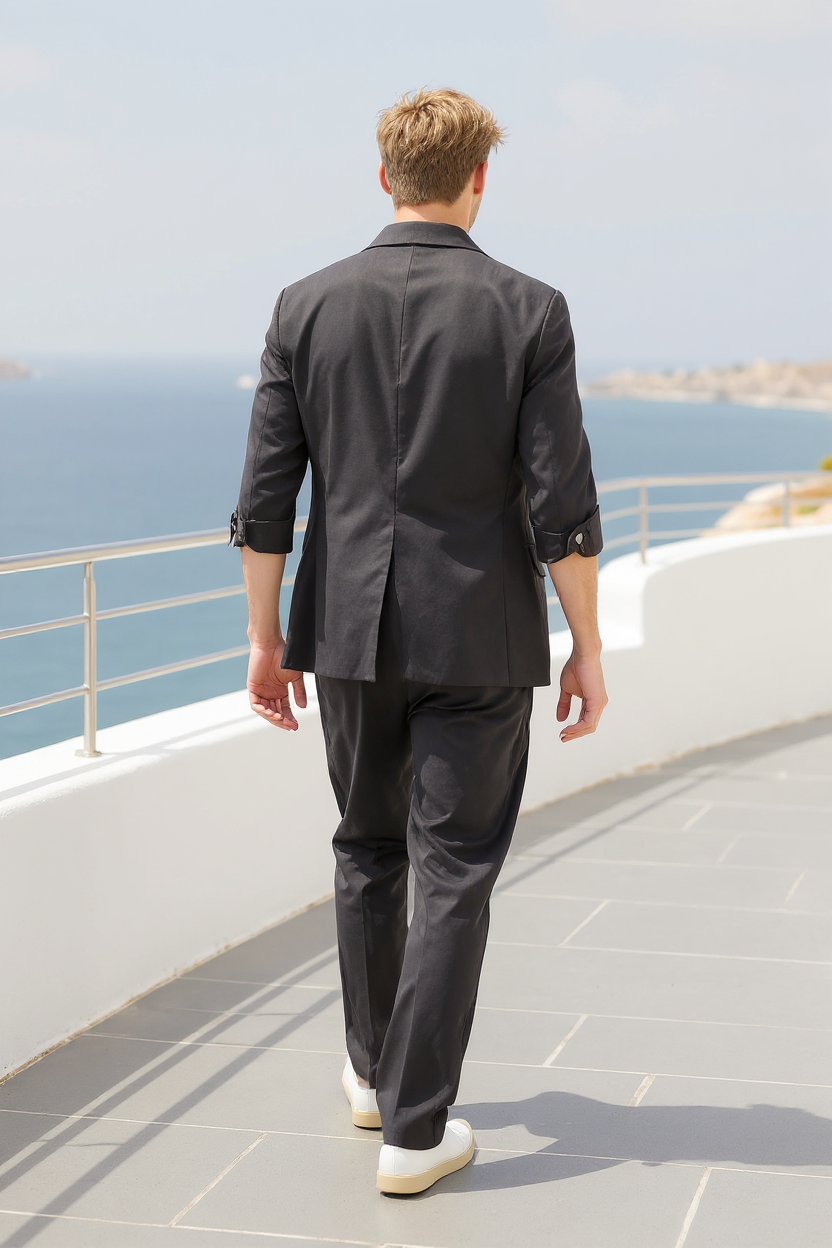 Linen Blend Blazer and Trousers Set for Men - Black