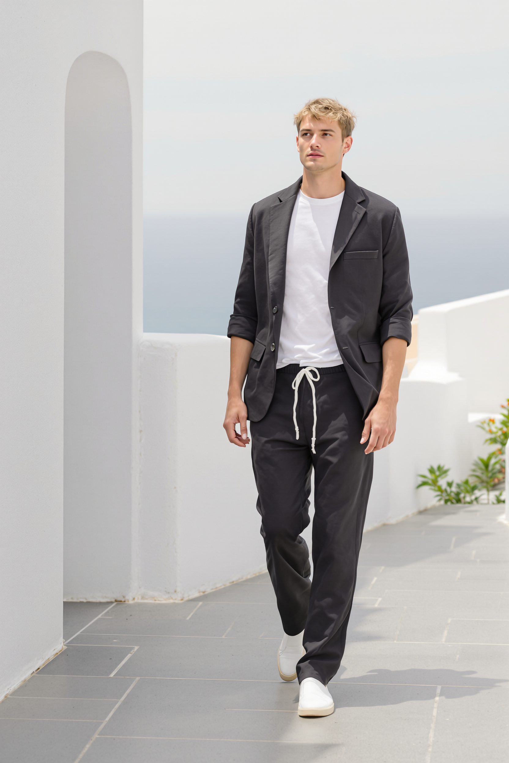 Linen Blend Blazer and Trousers Set for Men - Black