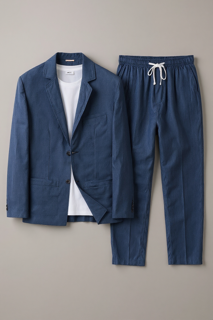 Linen Blend Blazer and Trousers Set for Men - Blue