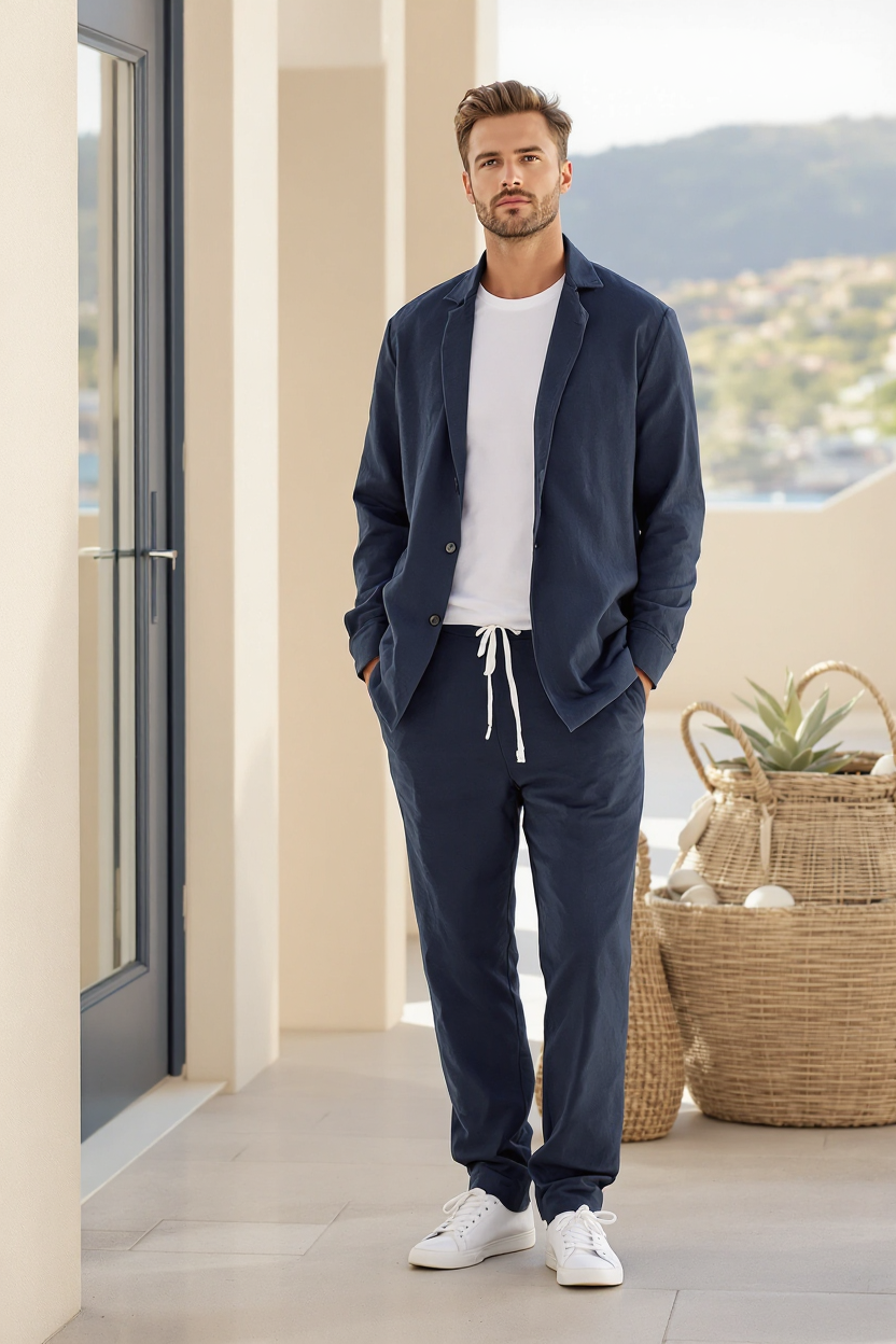 Linen Blend Blazer and Trousers Set for Men - Blue