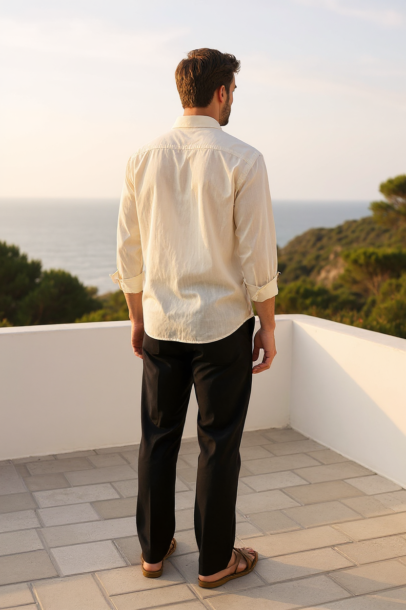 Linen Shirt and Trouser Set for Men - Beige-Black