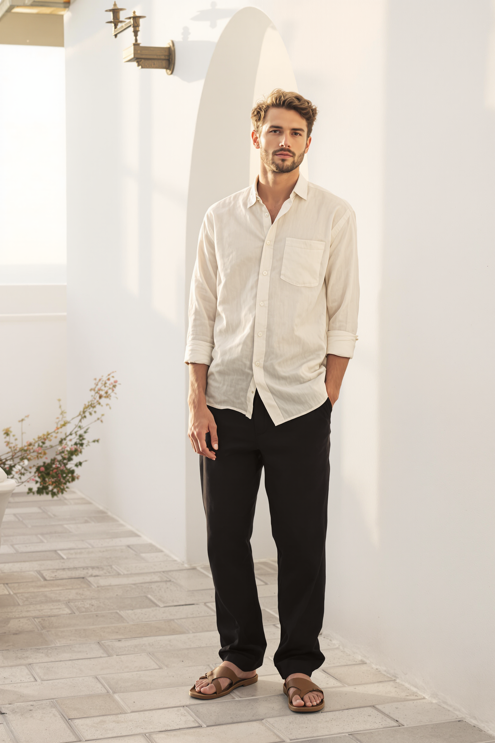 Linen Shirt and Trouser Set for Men - Beige-Black