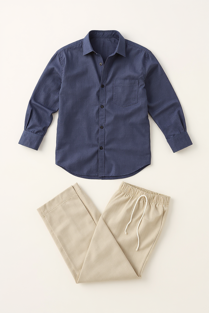 Linen Shirt and Trouser Set for Men - Beige-Blue