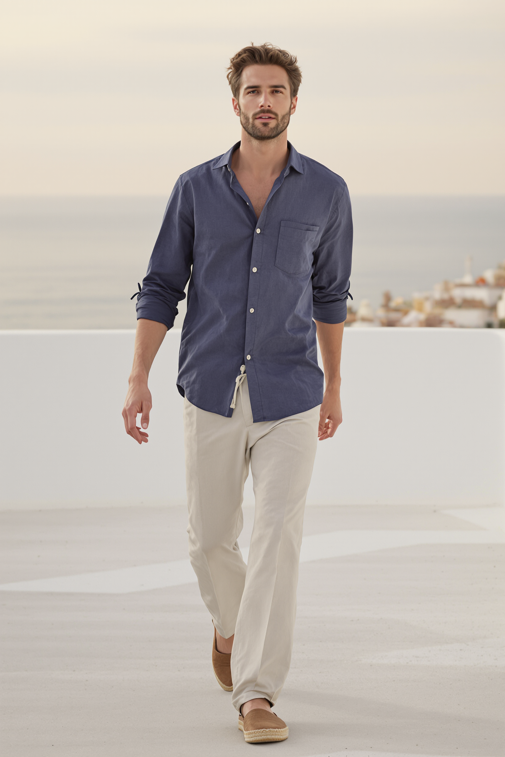 Linen Shirt and Trouser Set for Men - Beige-Blue