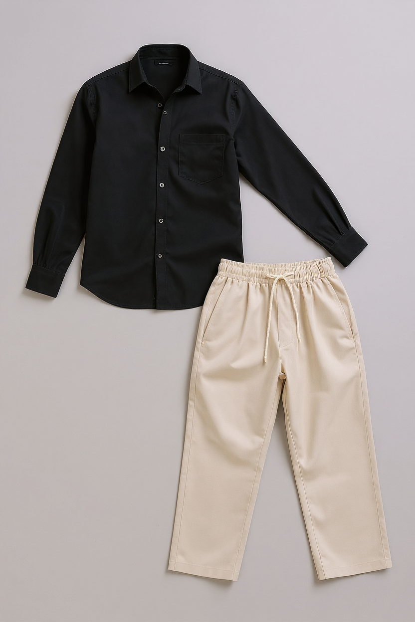 Linen Shirt and Trouser Set for Men - Black-Beige