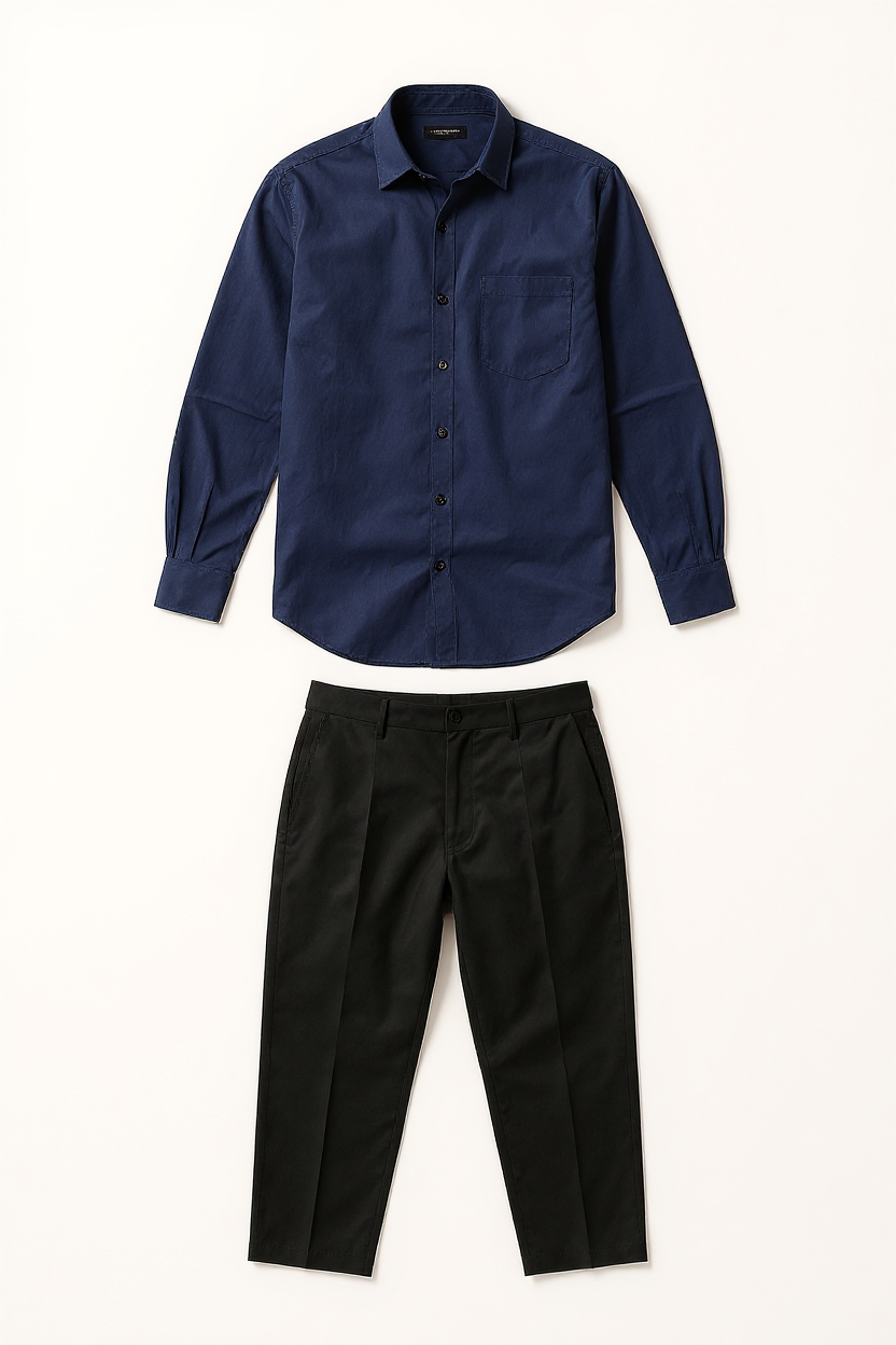 Linen Shirt and Trouser Set for Men - Black-Blue