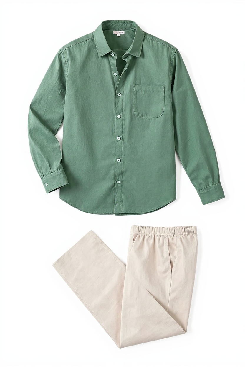 Linen Shirt and Trouser Set for Men - Green-Beige