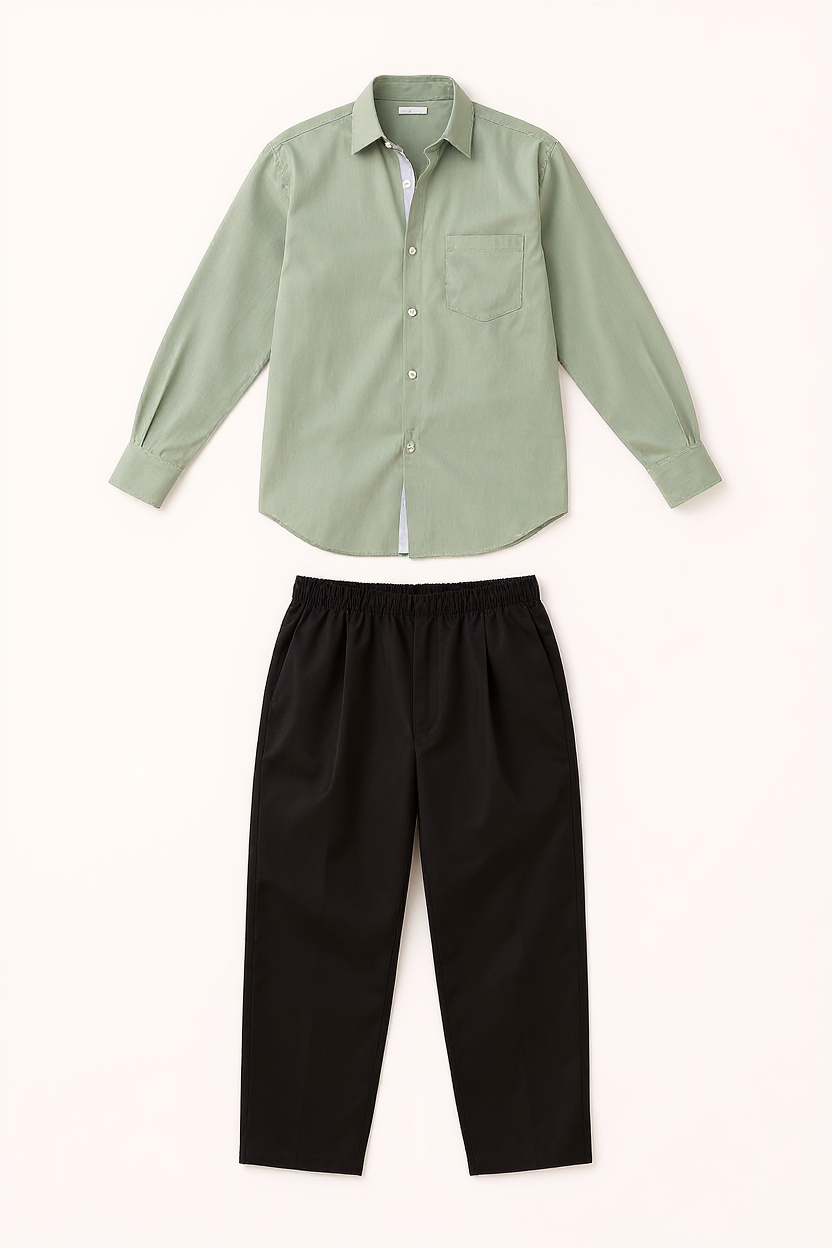 Linen Shirt and Trouser Set for Men - Green-Black