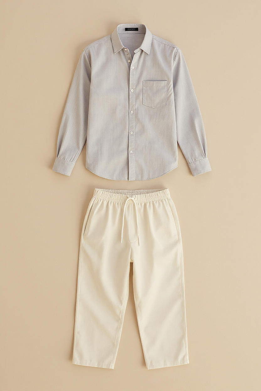 Linen Shirt and Trouser Set for Men - Grey-Beige