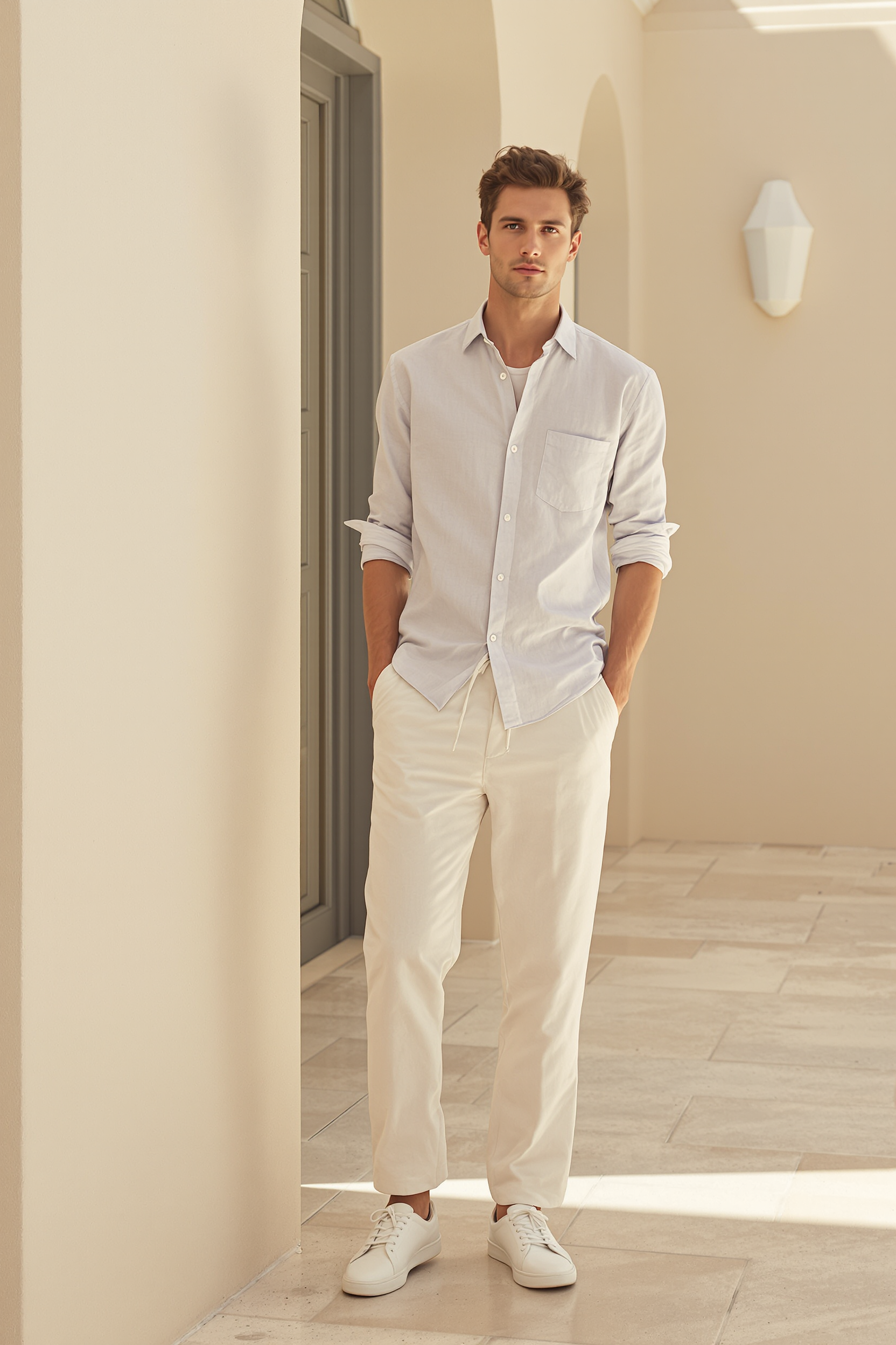 Linen Shirt and Trouser Set for Men - Grey-Beige