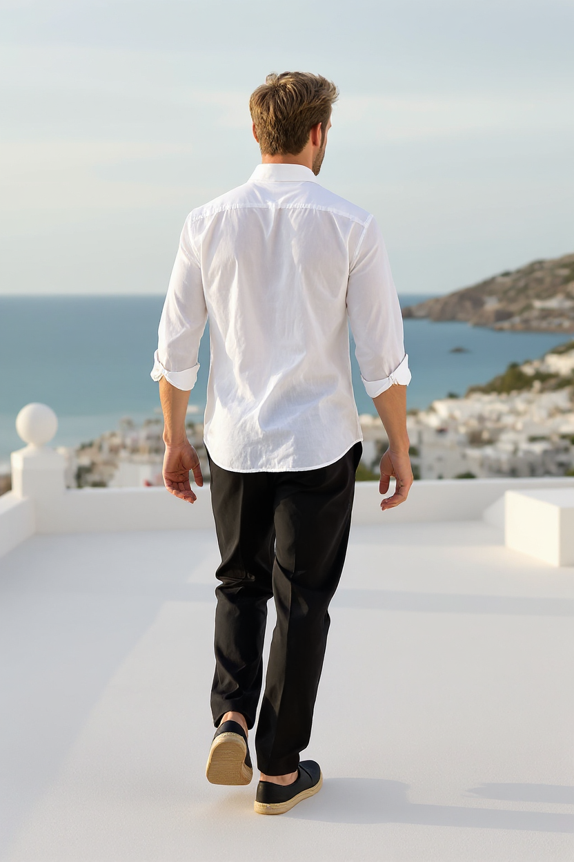 Linen Shirt and Trouser Set for Men - White-Black