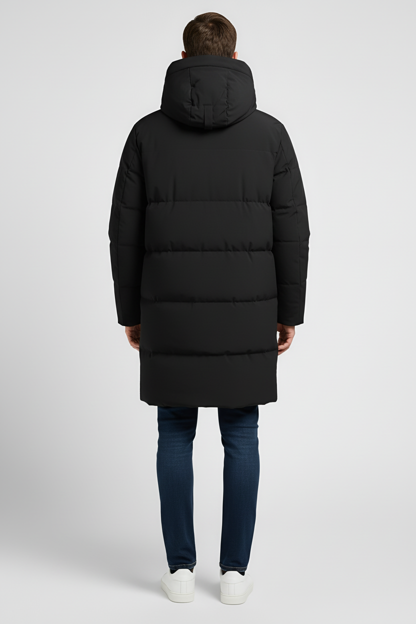 Long Hooded Puffer Parka for Men - Black