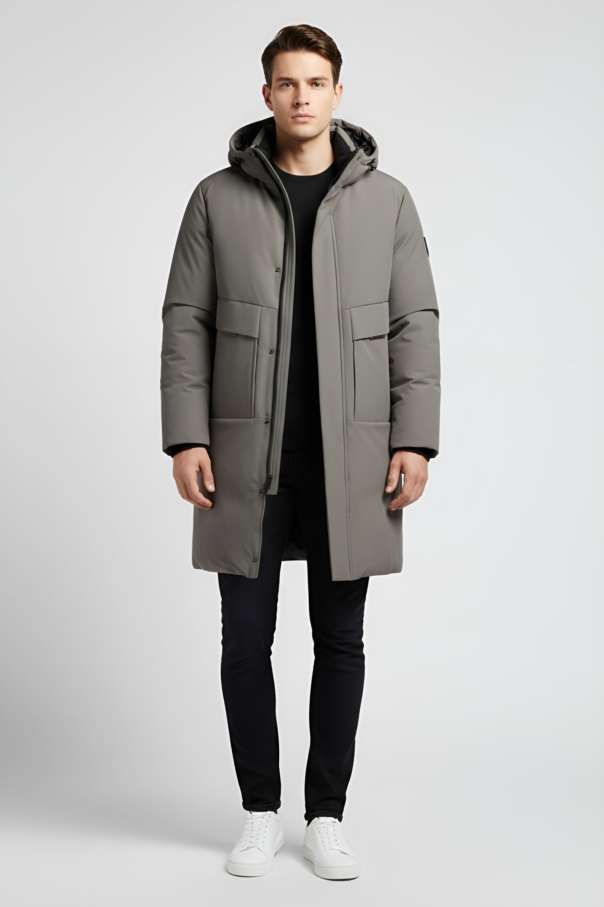 Long Hooded Puffer Parka for Men - Grey