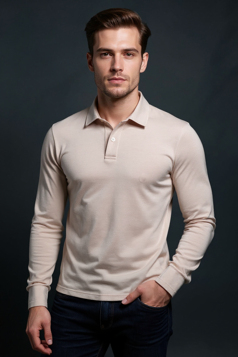 Long Sleeve Polo Shirt for Men - Beige