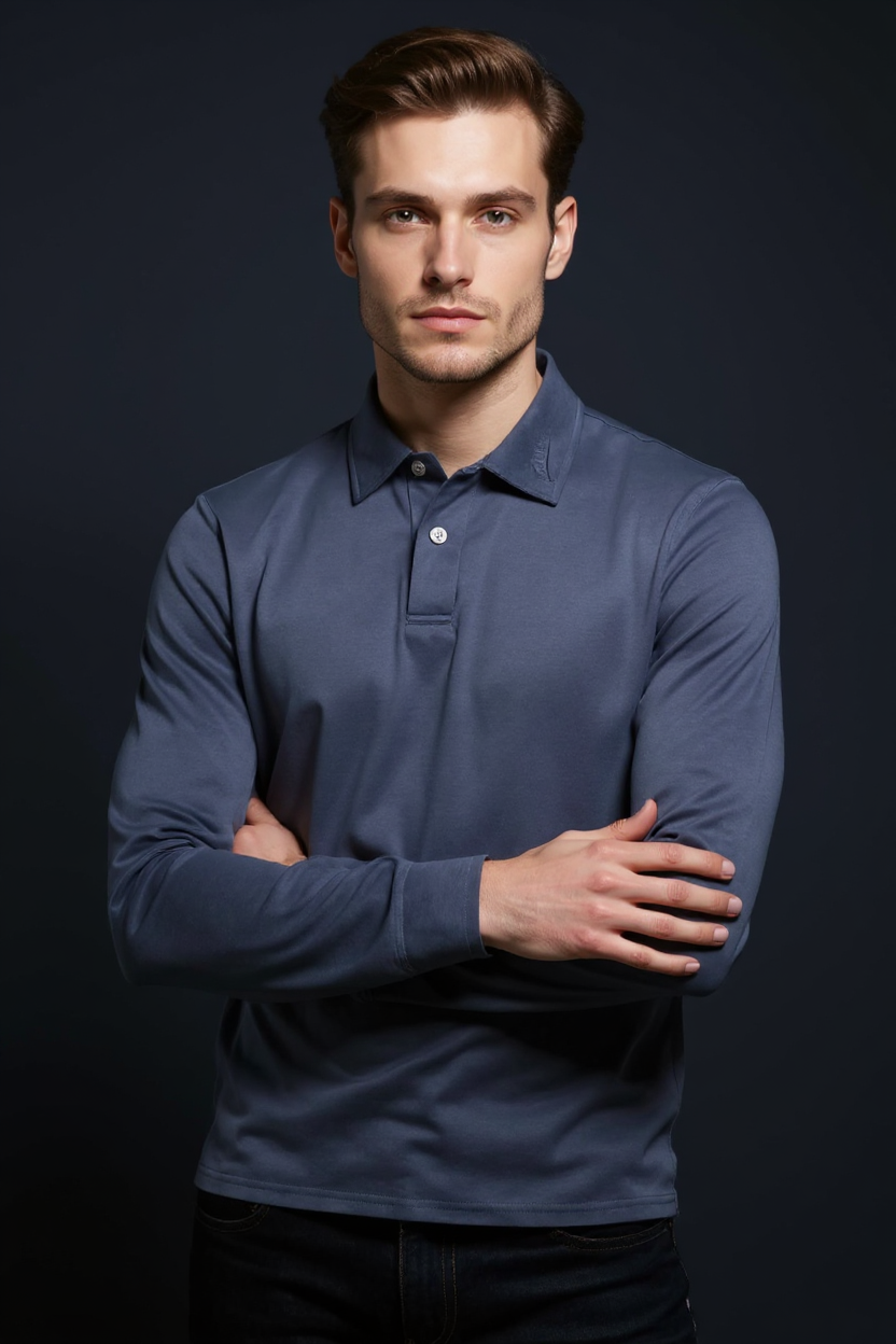 Long Sleeve Polo Shirt for Men - Blue