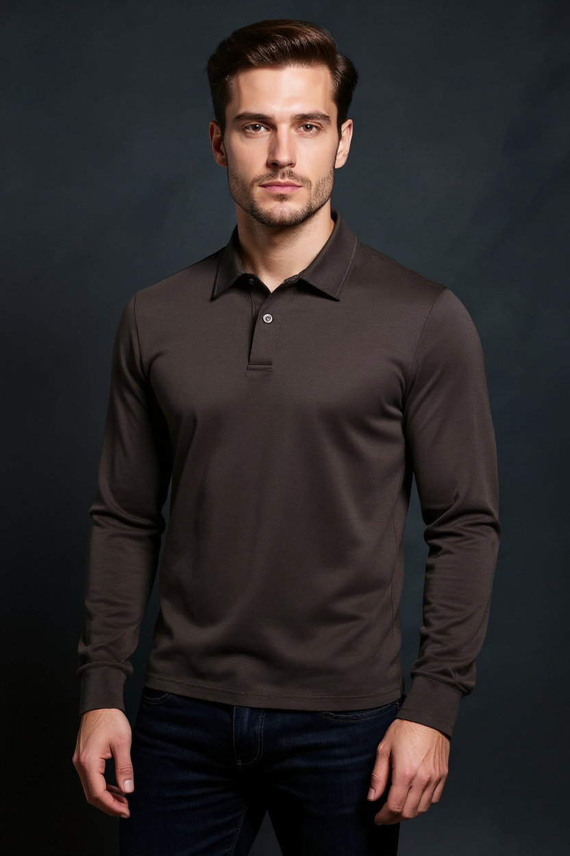 Long Sleeve Polo Shirt for Men - Brown