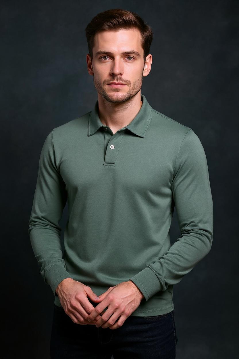 Long Sleeve Polo Shirt for Men - Green