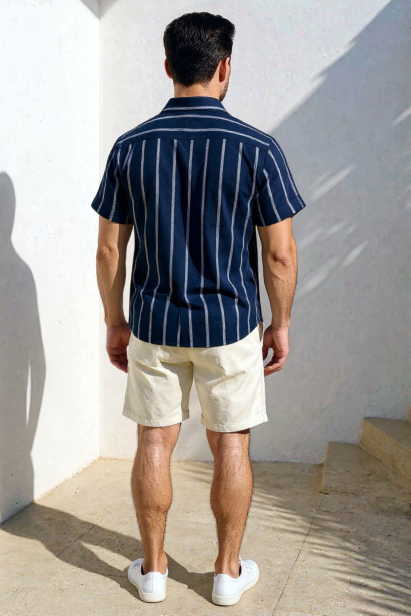Printed Shirt and Plain Shorts Summer Set for Men - Blue
