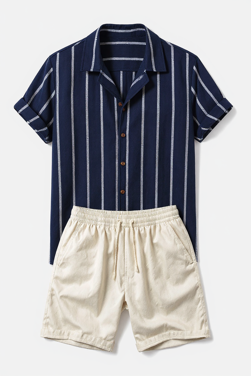 Printed Shirt and Plain Shorts Summer Set for Men - Blue