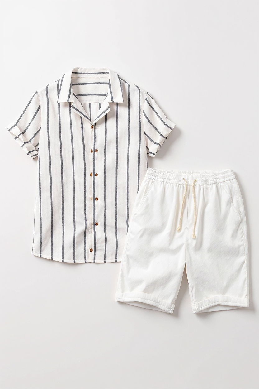 Printed Shirt and Plain Shorts Summer Set for Men - White