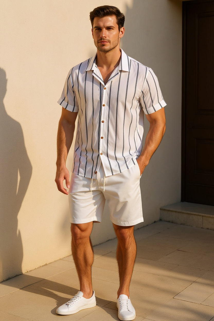 Printed Shirt and Plain Shorts Summer Set for Men - White