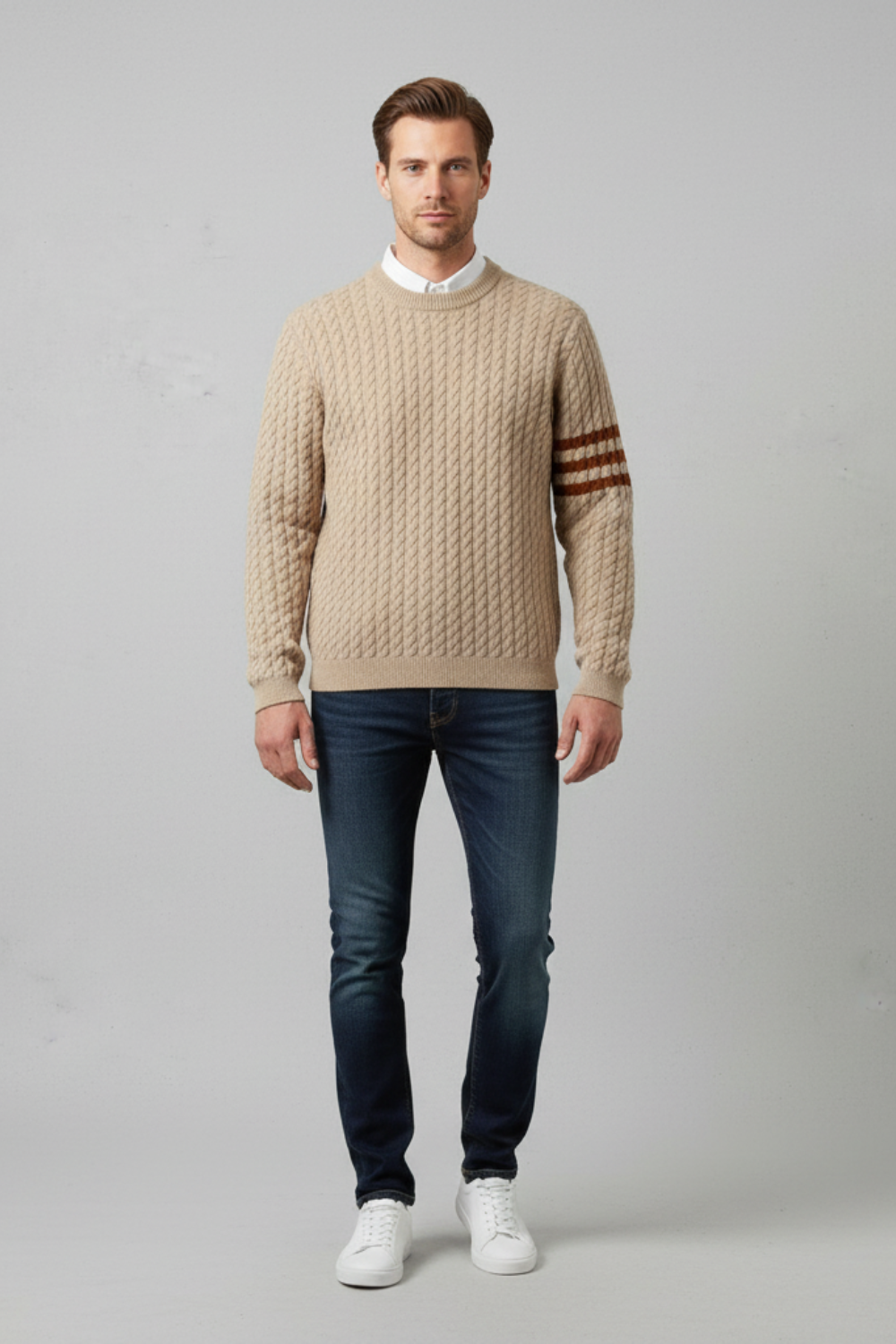 Refined Men’s Cable Knit Jumper - Camel