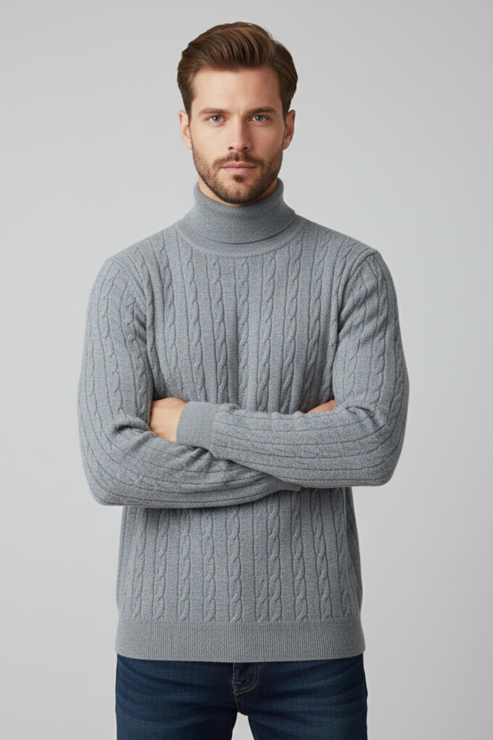 Refined Men’s Cable Knit Turtleneck Jumper - Grey