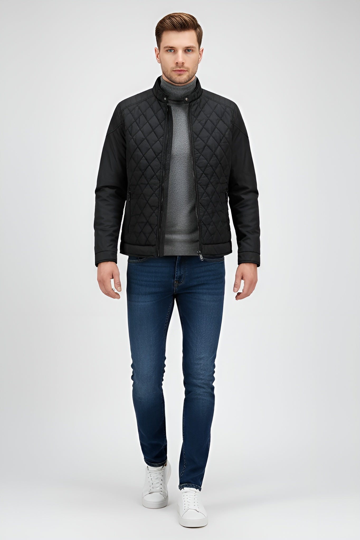 Refined Men’s Quilted Biker Jacket - Black