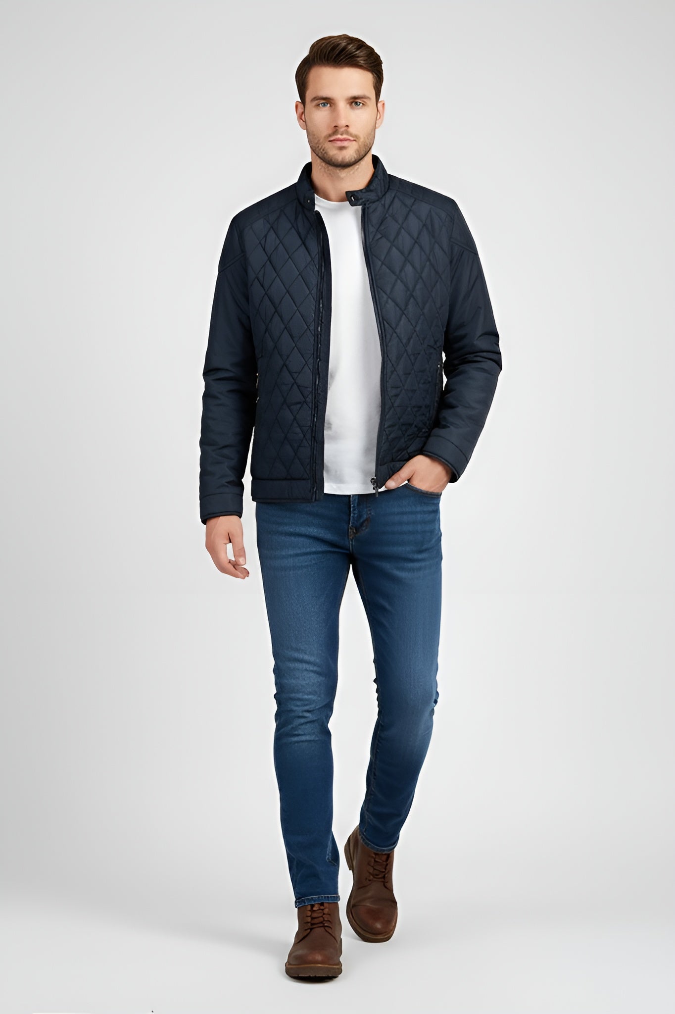 Refined Men’s Quilted Biker Jacket - Navy