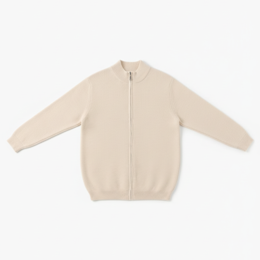 Refined Men’s Zip-Up Wool Sweater - Beige