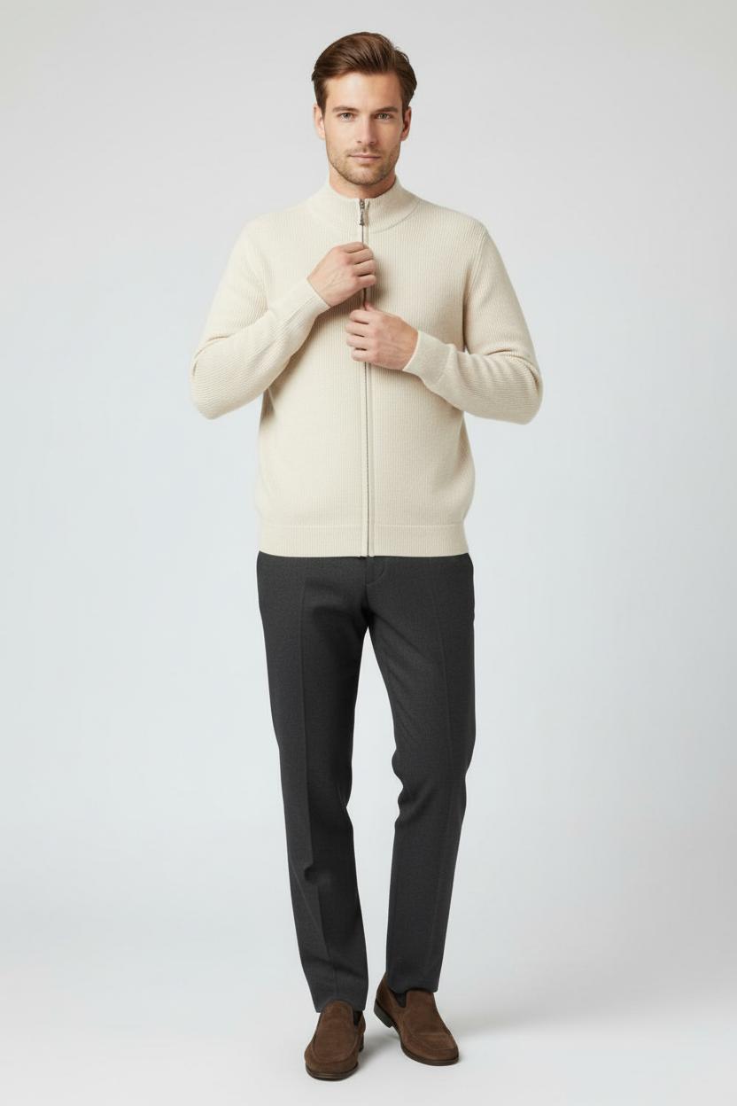 Refined Men’s Zip-Up Wool Sweater - Beige