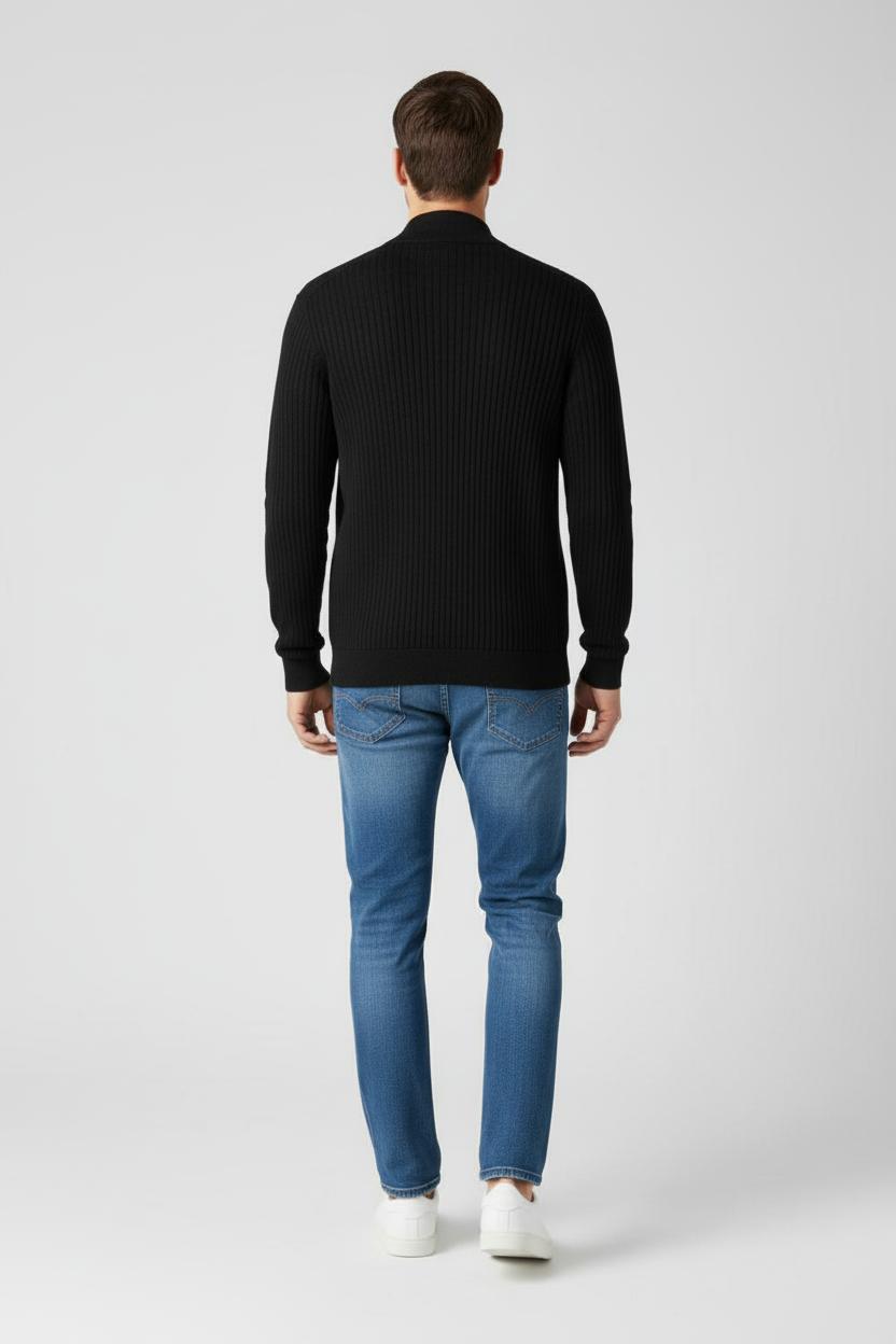 Refined Men’s Zip-Up Wool Sweater - Black
